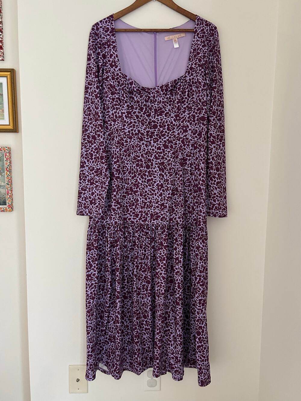 Anthropologie Hutch Chase Dress Purple Maxi Dress Long Sleeve Square Neck XL EUC